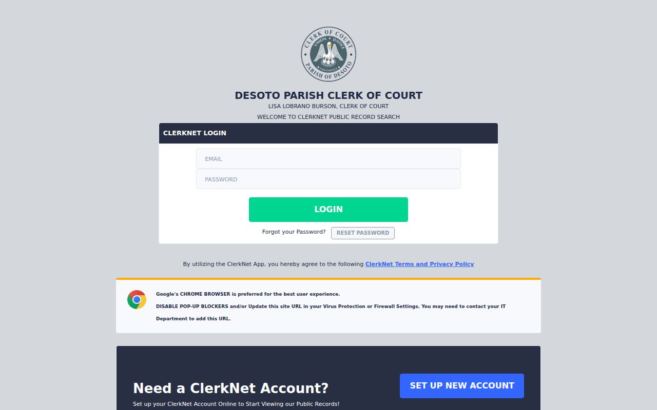 DeSoto Parish case search ClerkNet application landing screen