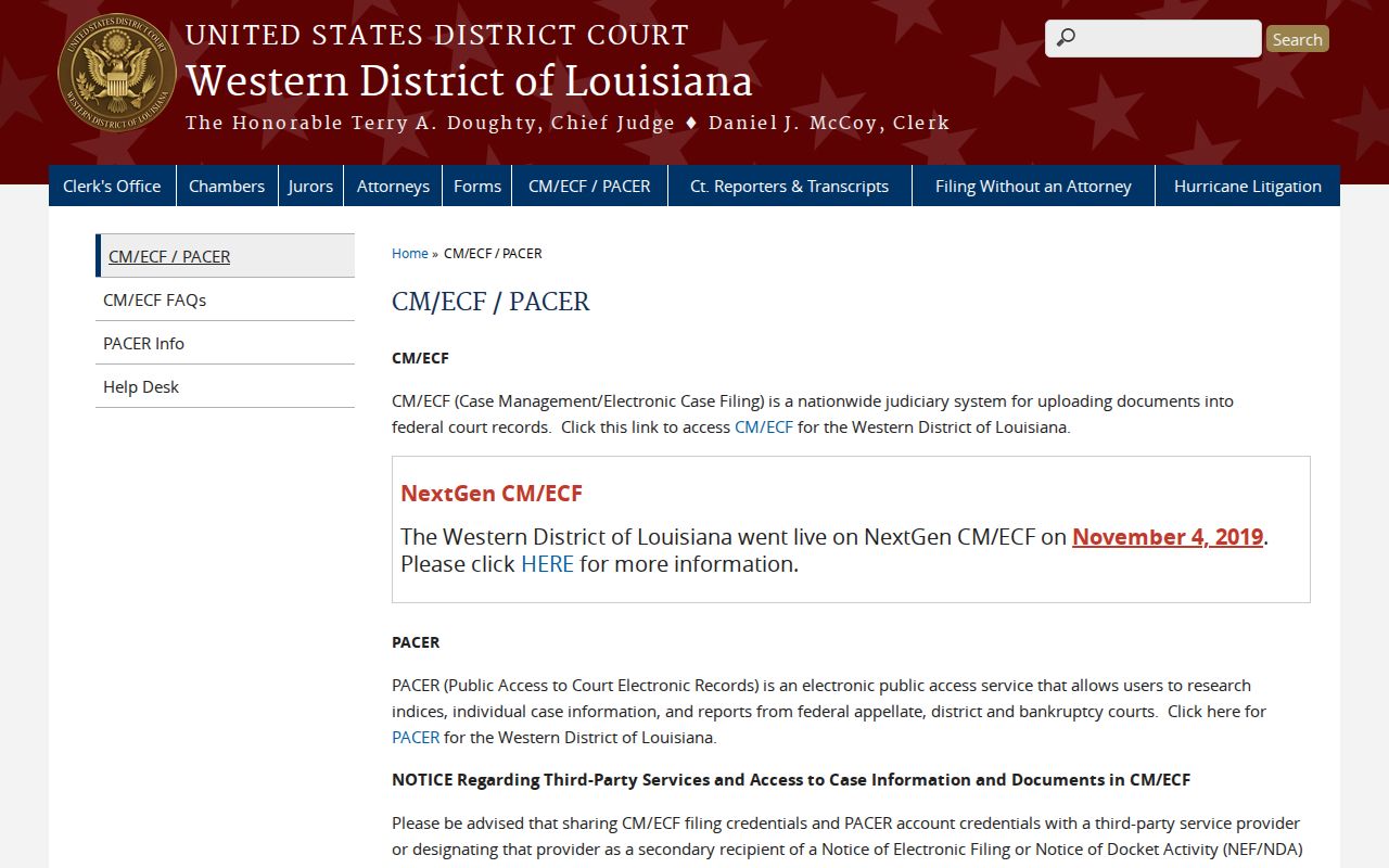 DeSoto Parish court records federal CM ECF PACER information screen